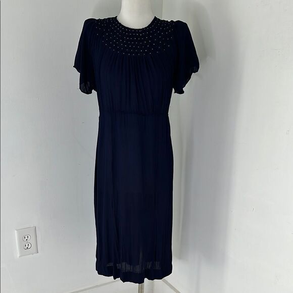 Vintage 30s Navy Daydress With Pinch Diamond Pleat Accent - Picture 1 of 6